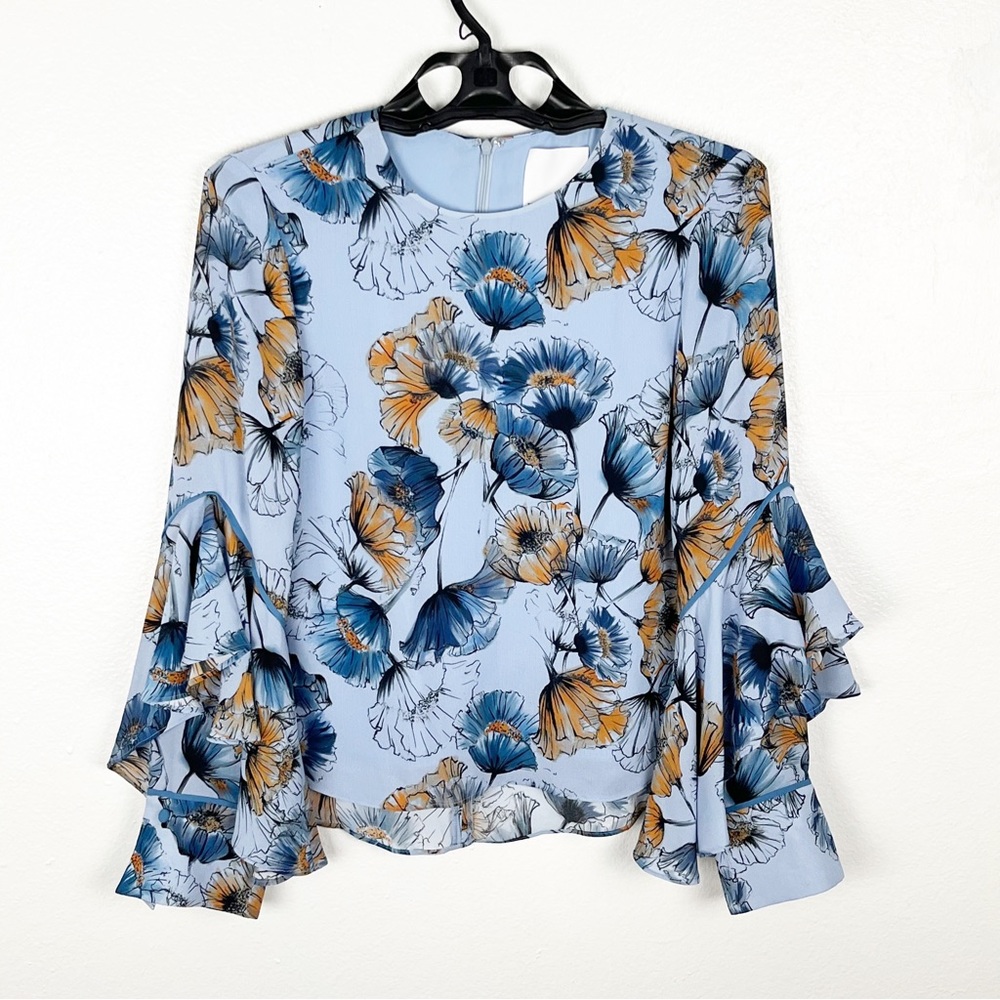 PROSE & POETRY Blue Floral Tiered Ruffle Bell Sleeves Blouse XS Boho Casual